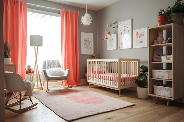 A nursery with a crib and a rug with a pink curtain.