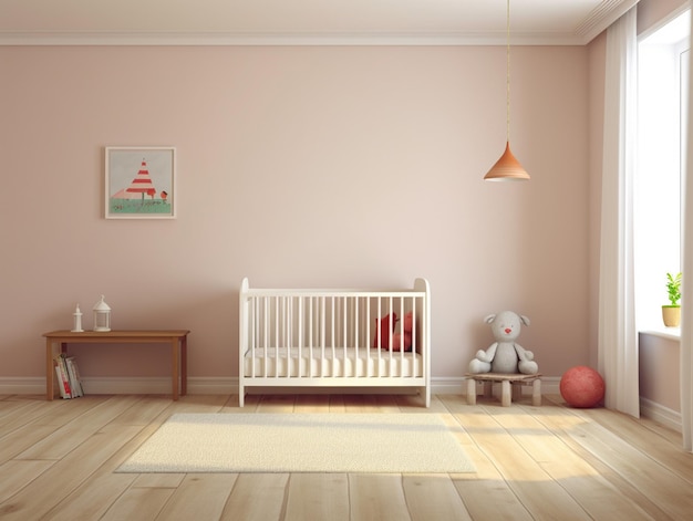 A nursery with a crib and a teddy bear on the floor