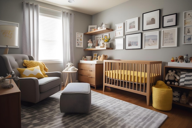 A nursery with a gray chair and a yellow pillow in a room with a gray rug and a wooden crib.