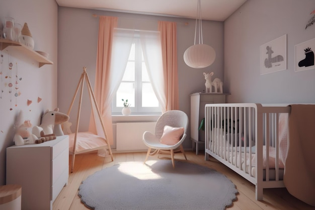 A nursery with a white crib and a white crib with a white cat on the top.