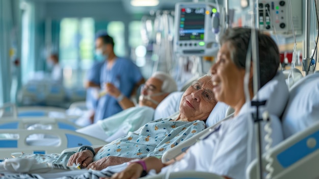 Nurses administering medication to patients in hospital beds