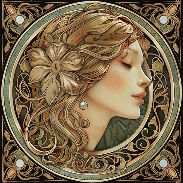 Nurturing Cancer Girl Art Nouveau Style Portrait of a Compassionate and Caring Young Woman