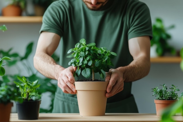 Nurturing Greenery A Passionate Plant Lover Tending to Their Leafy Companion Amidst a Lush Indoor Ga