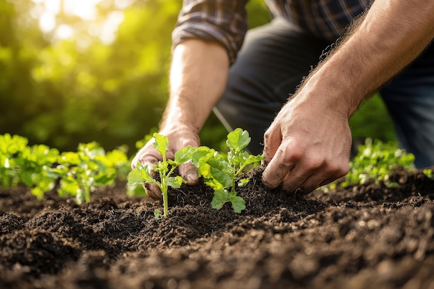 Nurturing Growth A Gardener Fertilizing Fresh Plants Under a Warm Glow of Early Morning Sunshine