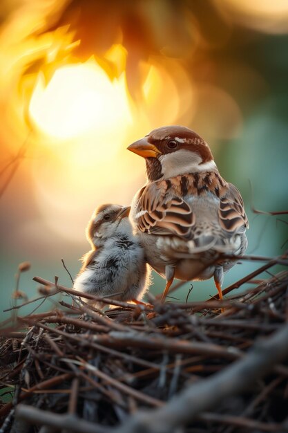 Nurturing Nest A Mother Bird and Her Chicks in a Nest at Sunset