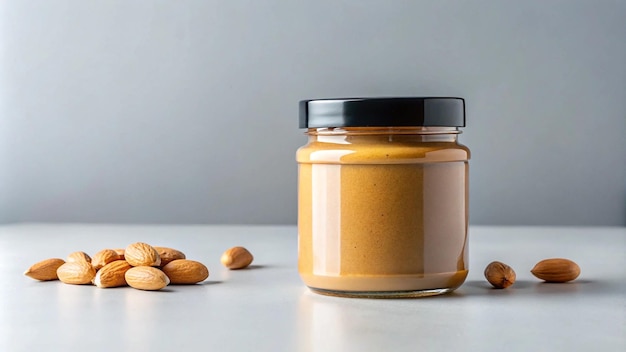 Nut butter jar mockup with a blank label featuring peanut and almond flavors