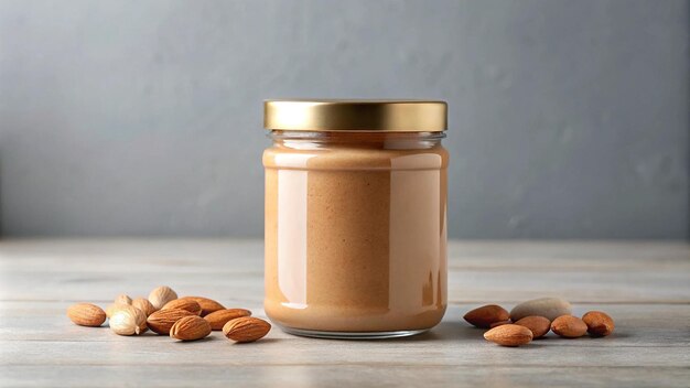 Nut butter jar mockup with a blank label featuring peanut and almond flavors