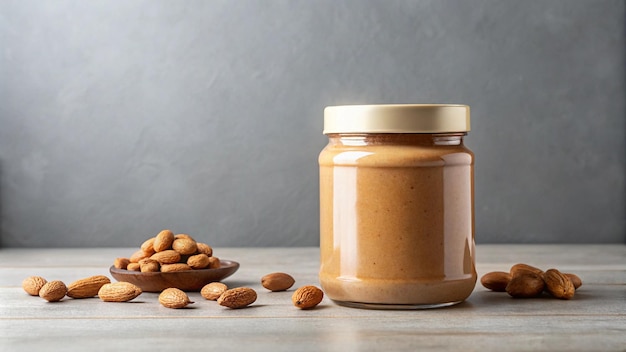 Photo nut butter jar mockup with a blank label featuring peanut and almond flavors