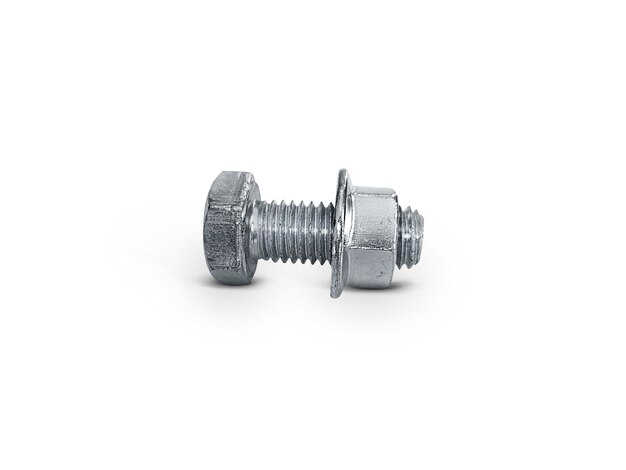 Photo nut and screw on hand on white background