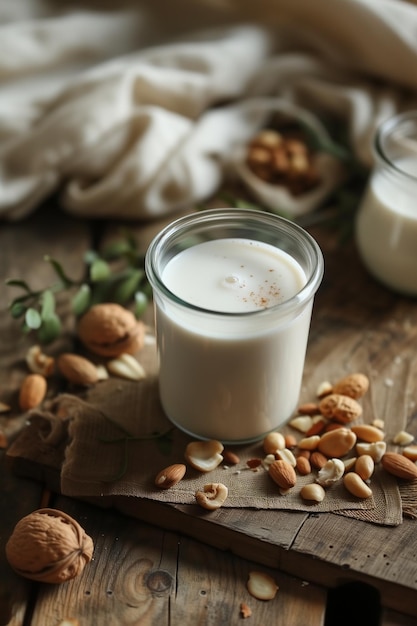 Nut vegan milk in a glass cup on a wooden table Vertical photo with nut milk and nuts in the background