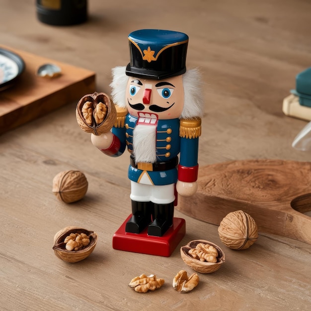 Photo nutcracker and cracked walnuts on a wooden table