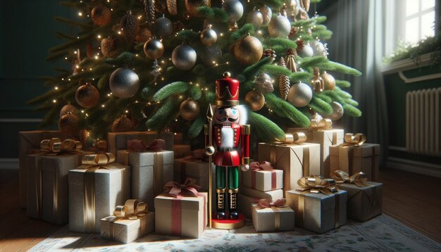 Nutcracker figure and several wrapped presents placed under a richly decorated Christmas tree