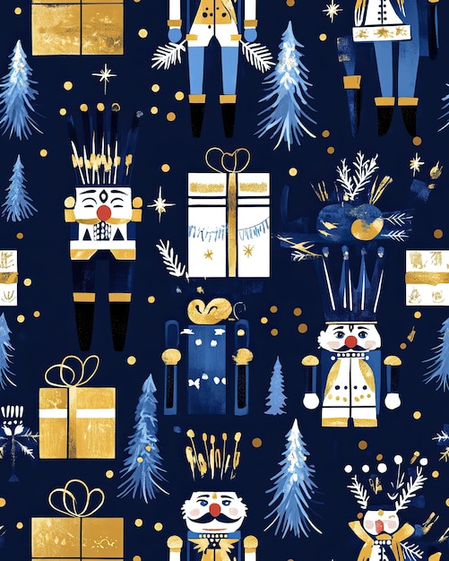 Photo nutcracker and gift patterns in gold and blue christmas toy gift wrapping paper and cover ai generat