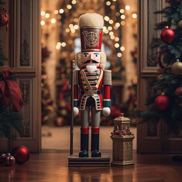 Nutcracker soldier standing guard in a festively decorated room