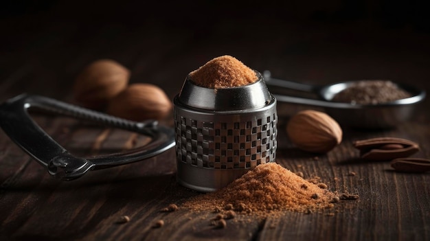 A nutmeg grinder with walnuts on a wooden table.