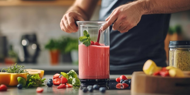 Photo nutrientrich berry smoothie fresh blueberries strawberries and raspberries with yogurt banner of healthy breakfast organic lifestyle and delicious summer nutrition