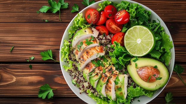 Nutrious Top view of caesar salad with smoked salmon and grated cheese