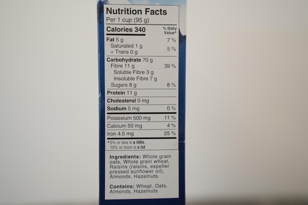 Photo nutrition labels on cereal boxes in a pantry