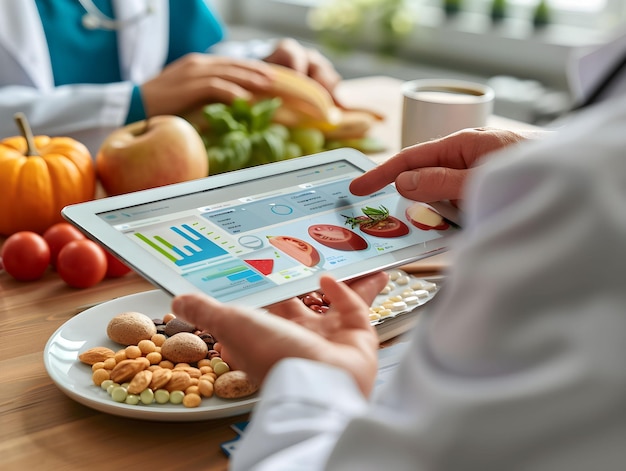 Photo nutritionist analyzing dietary choices with a tablet surrounded by healthy foods like fruits