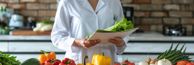 Photo nutritionist in a lab coat holding a clipboard with fresh vegetables on a kitchen counter professional dietary planning and healthy eating consultation in a modern setting