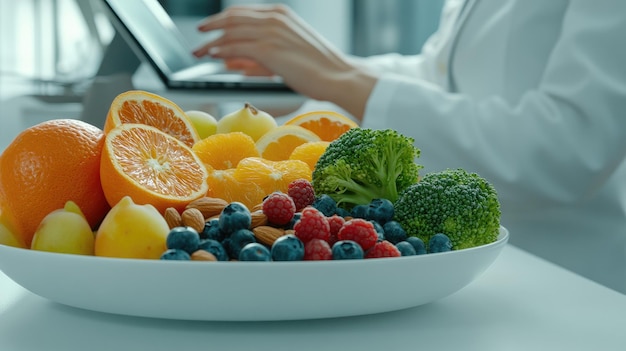 Photo a nutritionist takes notes on dietary recommendations with a variety of fresh fruits displayed on the table emphasizing healthy eating practices in a bright welcoming clinic