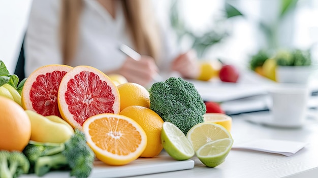 A nutritionist takes notes on dietary recommendations with a variety of fresh fruits displayed on the table emphasizing healthy eating practices in a bright welcoming clinic