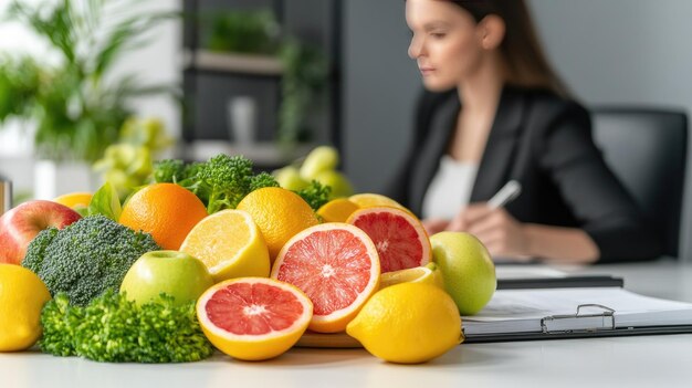 Photo a nutritionist takes notes on dietary recommendations with a variety of fresh fruits displayed on the table emphasizing healthy eating practices in a bright welcoming clinic