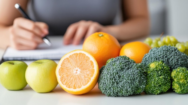 A nutritionist takes notes on dietary recommendations with a variety of fresh fruits displayed on the table emphasizing healthy eating practices in a bright welcoming clinic