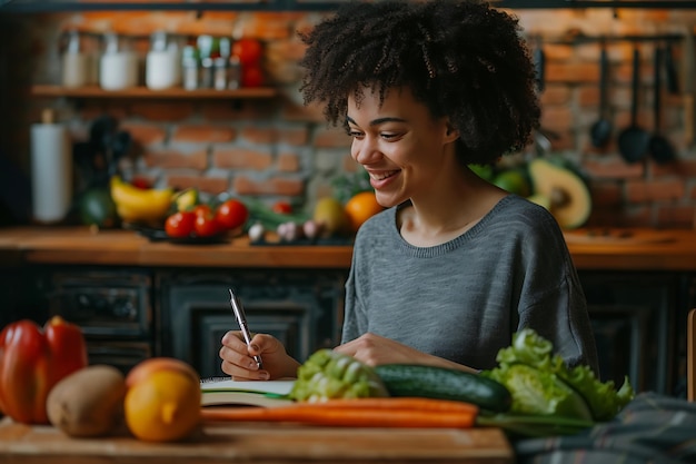 Nutritionist working in office Doctor writing diet plan on table and using vegetables