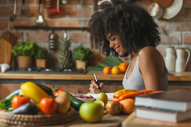 Nutritionist working in office Doctor writing diet plan on table and using vegetables