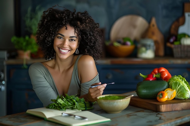 Nutritionist working in office Doctor writing diet plan on table and using vegetables