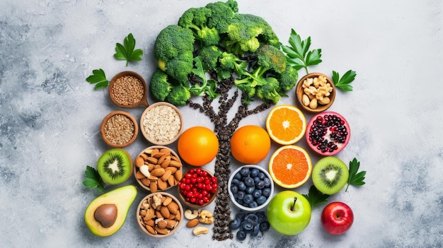 Nutritious Broccoli Tree with Healthy Foods on Concrete Background