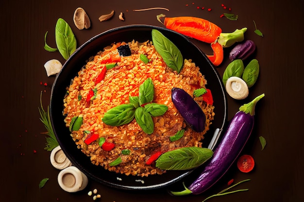 Nutritious Bulgur pilaf with eggplant and vegetables Top view with copy space Generative Ai