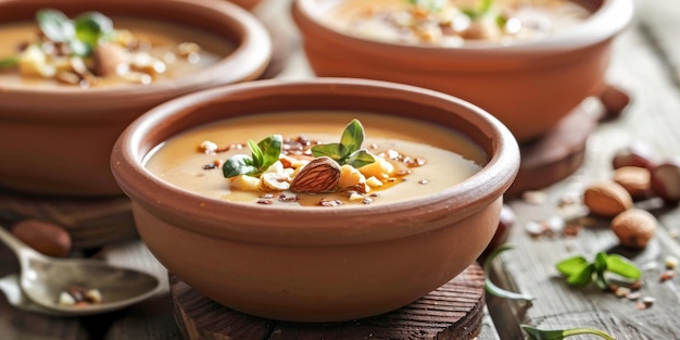 Nutritious Creamy Pumpkin Soup Served in Rustic Bowls with Fresh Basil and Nuts