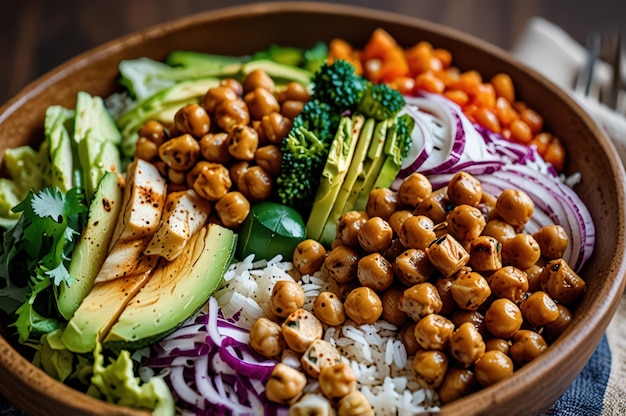 Photo nutritious grilled chicken buddha bowl with spicy chickpeas generative ai