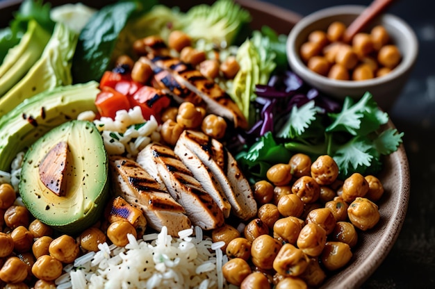 Photo nutritious grilled chicken buddha bowl with spicy chickpeas generative ai