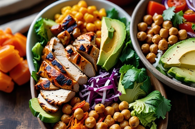 Photo nutritious grilled chicken buddha bowl with spicy chickpeas generative ai