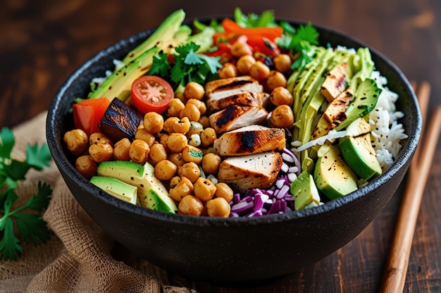 Photo nutritious grilled chicken buddha bowl with spicy chickpeas generative ai