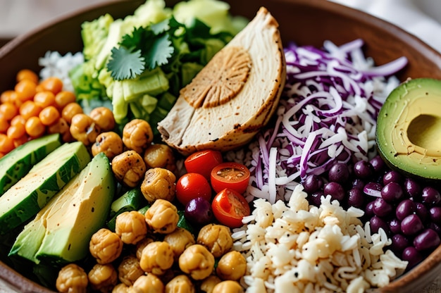 Photo nutritious grilled chicken buddha bowl with spicy chickpeas generative ai