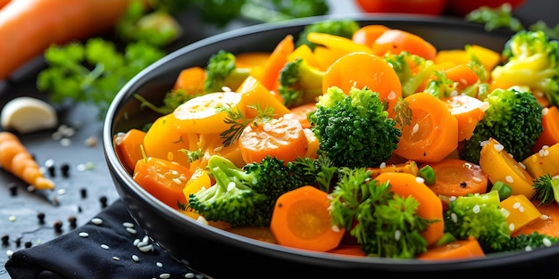 Nutritious meal of steamed vegetables in a black bowl on dark background Concept Healthy Eating Steamed Vegetables Black Bowl Dark Background Nutritious Meal