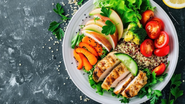 Photo a nutritious meal with grilled chicken quinoa and steamed vegetables served on a white plate promoting healthy eating