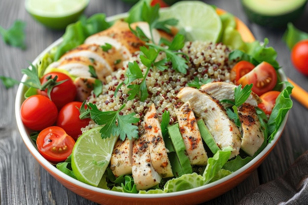 Nutritious salad bowl with quinoa chicken avocado and greens