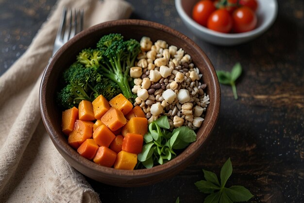 Nutritious Vegan Lunch Bowl with Fresh Herbs and Vegetables