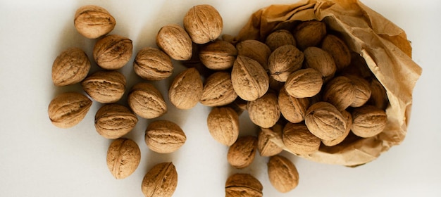 Nuts in a craft bag filmed from above