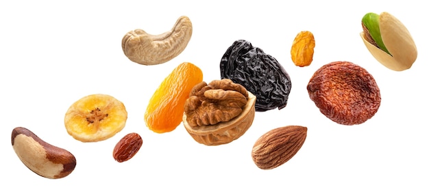 Nuts and dried fruits isolated on white background