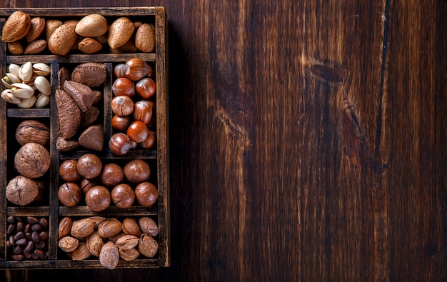 Nuts Mixed in a Wooden Box.Assortment