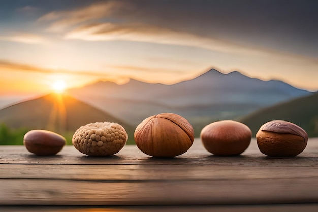 nuts and nuts are standing on a table in front of a sunset sky.