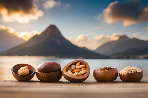 nuts and nuts on a wooden table by a lake