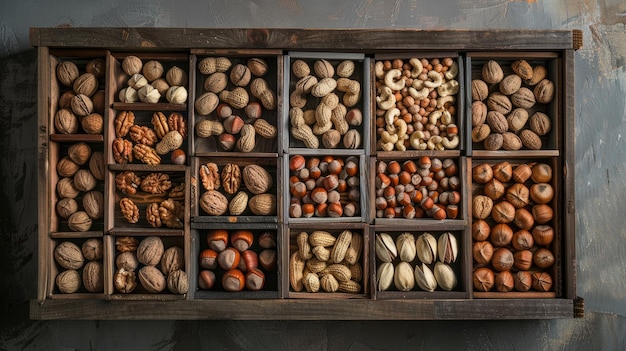 Photo nuts such as walnuts and hazelnuts presented in wooden boxes with a background of various whole peanuts arranged on the table in a highangle view realistic photo