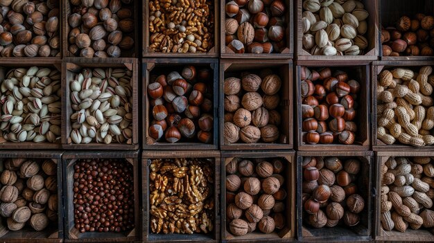 Photo nuts such as walnuts and hazelnuts presented in wooden boxes with a background of various whole peanuts arranged on the table in a highangle view realistic photo